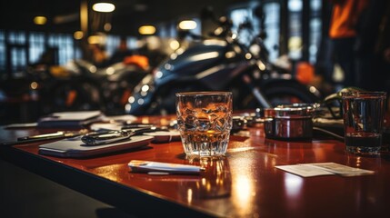 A glass of whiskey sits on a table next to a motorcycle