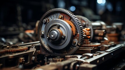 A large gear is sitting on a table with other gears