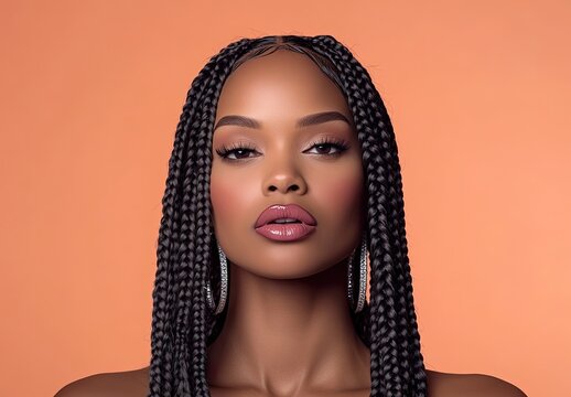 A beautiful Black woman with box braids and glamorous makeup, wearing hoop earrings and a cropped top