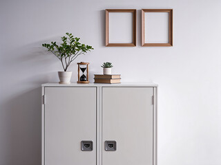 Minimalist Decor with Indoor Plants, Hourglass, and Modern Storage Cabinet in Neutral Tones