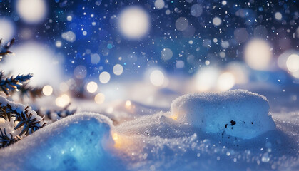 Close-up small snow drifts and holiday lights blurry background. Generative Ai	