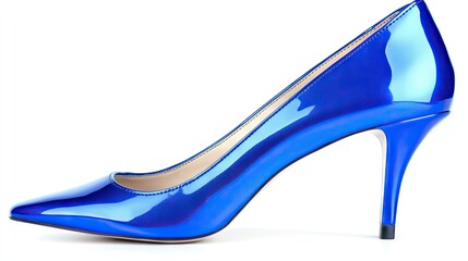 Obraz premium Close-up of a shiny pair of blue high heels on a white background, showcasing fashion-forward style and bright color.