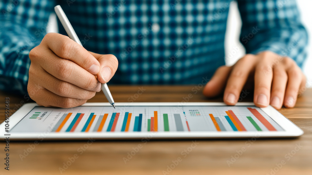 Poster analyzing the data: close-up of a man's hand using a stylus to analyze charts on a tablet, illustrat