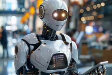 Fototapeta premium Futuristic White Humanoid Robot with Glowing Eyes, Holding Smartphone, Advanced Technology Concept
