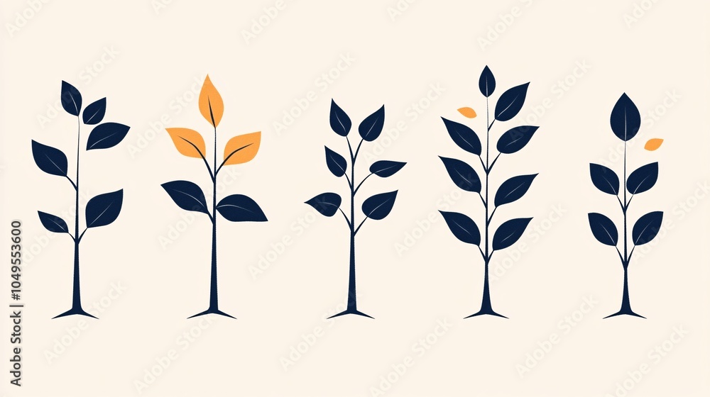 Wall mural 2410_033.progressive plant growth iconography, stark silhouette imagery, organic shapes, minimalist 