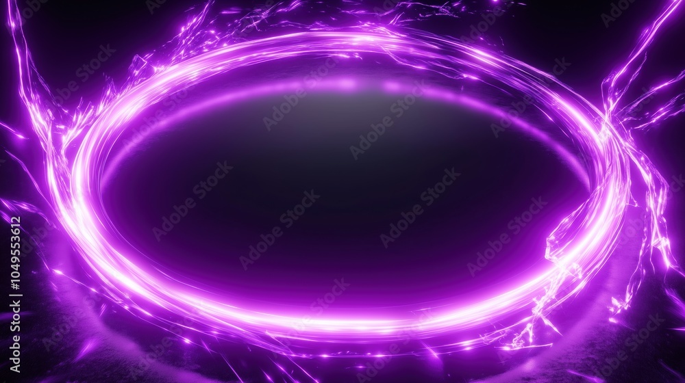 Poster abstract glowing neon purple light ring with dynamic energy effects and sparks on a dark background.
