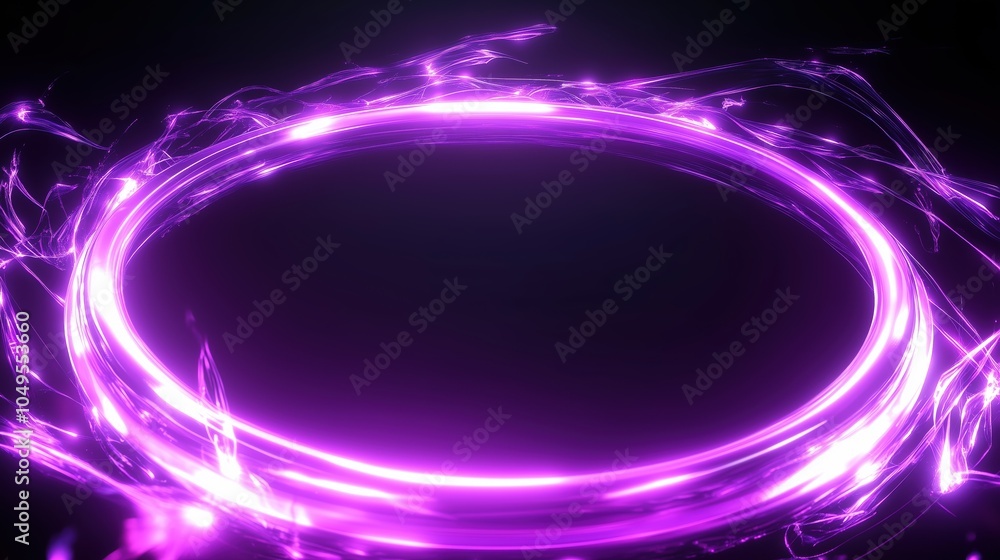 Poster abstract glowing neon purple light ring with dynamic energy effects and sparks on a dark background.