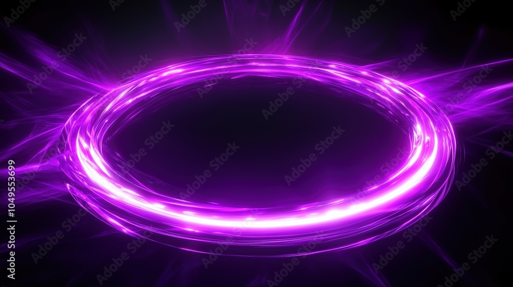 Poster abstract glowing neon purple light ring with dynamic energy effects and sparks on a dark background.