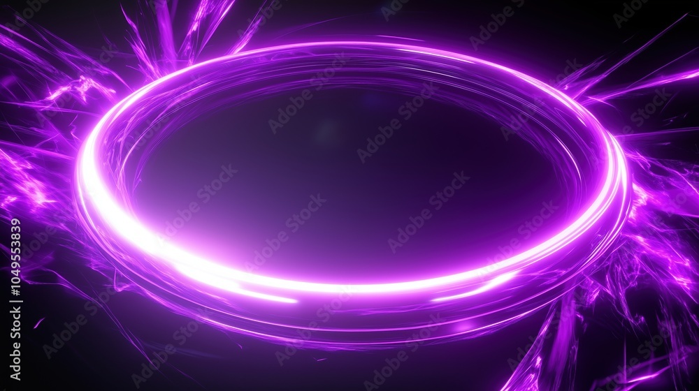 Poster Abstract glowing neon purple light ring with dynamic energy effects and sparks on a dark background. The circular frame creates an intense, futuristic aura with a vibrant, empty center, ideal for digi