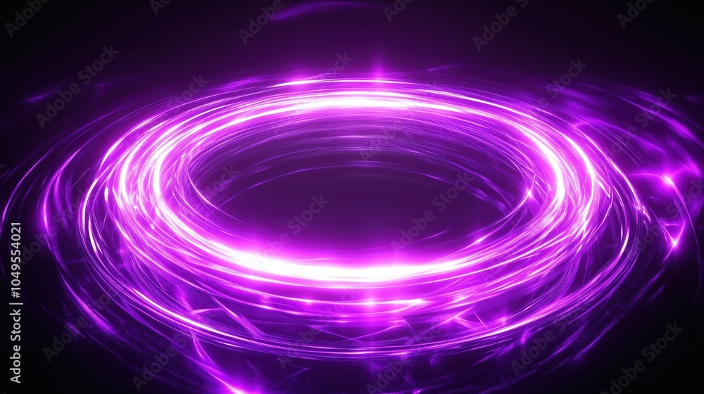 Poster abstract glowing neon purple light ring with dynamic energy effects and sparks on a dark background.
