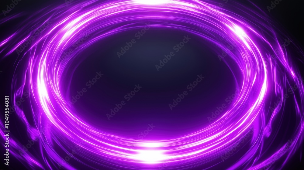 Poster abstract glowing neon purple light ring with dynamic energy effects and sparks on a dark background.