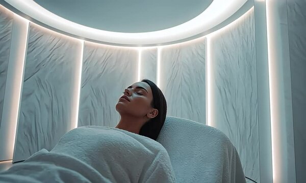 Woman relaxing in futuristic wellness pod with ai generated.
