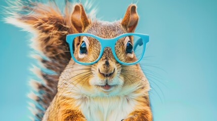 Squirrel wearing blue glasses in front of blue background, AI generated image