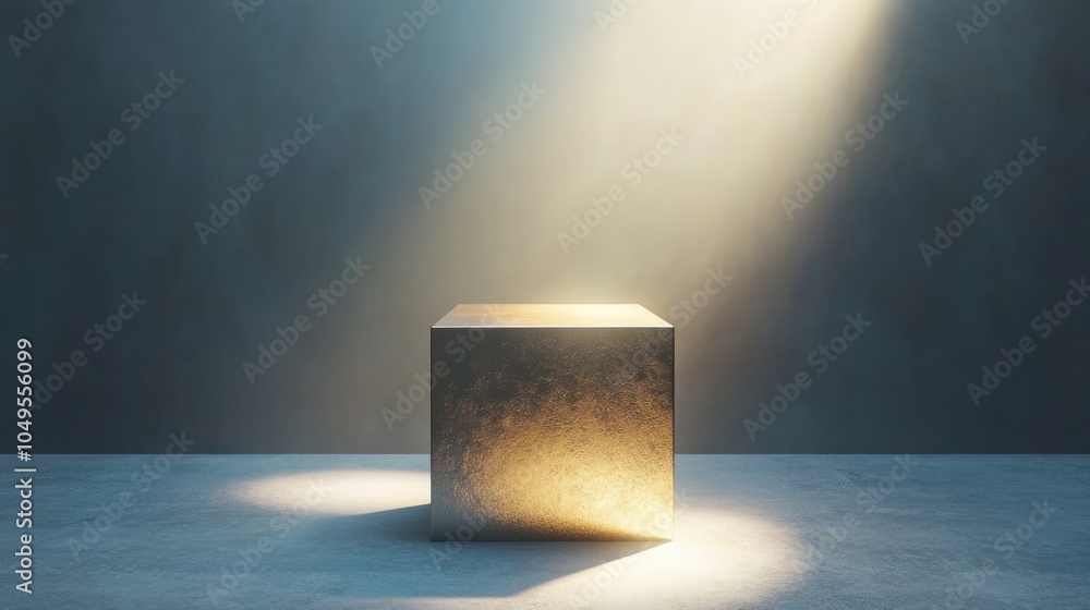 Poster a minimalist podium with a cube form, featuring a gradient finish transitioning from gold to silver,