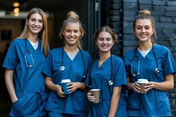 Group Of Four Young And Beautiful Female DoctorsNurses In Uniform. Coffee Break. Relaxing Together