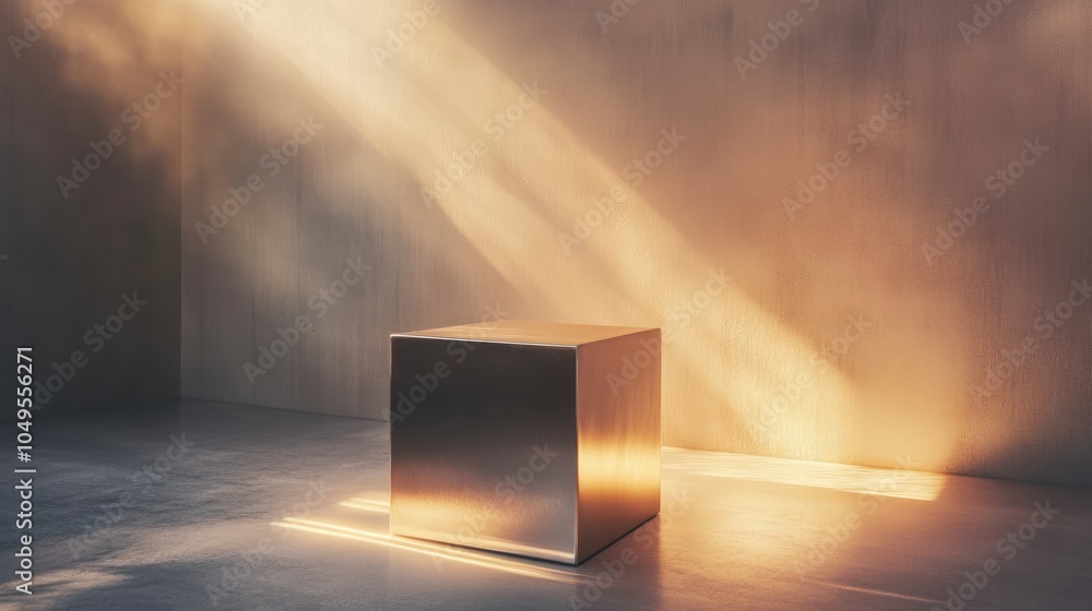 Poster a minimalist podium with a cube form, featuring a gradient finish transitioning from gold to silver,