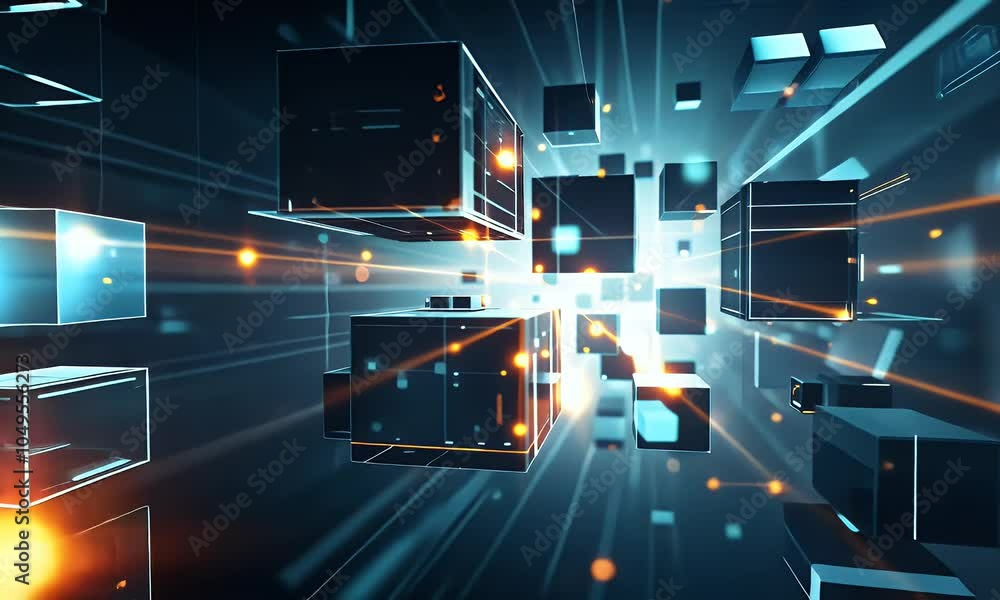Poster abstract digital background with glowing data streams and floating cubes, representing the future of