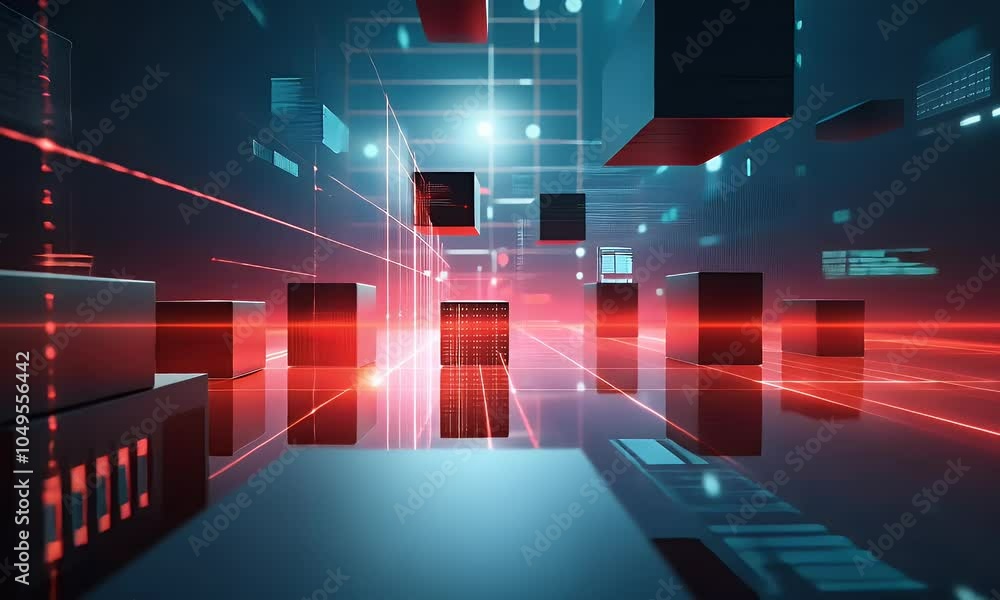 Poster abstract digital background with glowing data streams and floating cubes, representing the future of