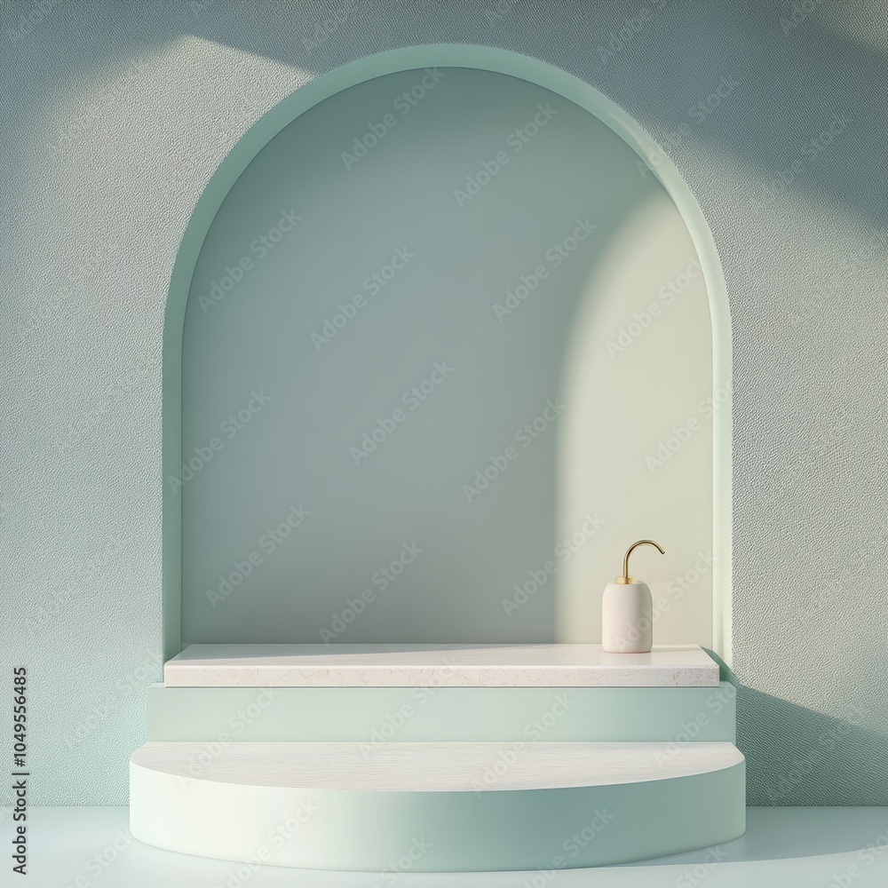 Poster a minimalistic 3d podium design in a soft pastel color, showcasing an empty space for product presen