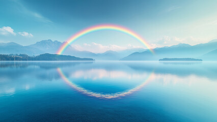 A vivid rainbow arches over the clear blue lake