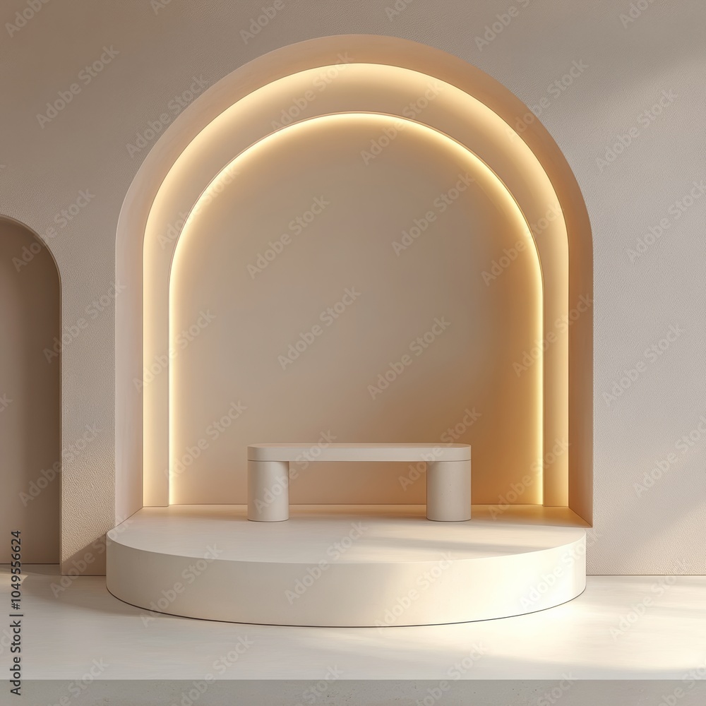 Poster a minimalistic 3d podium design in a soft pastel color, showcasing an empty space for product presen