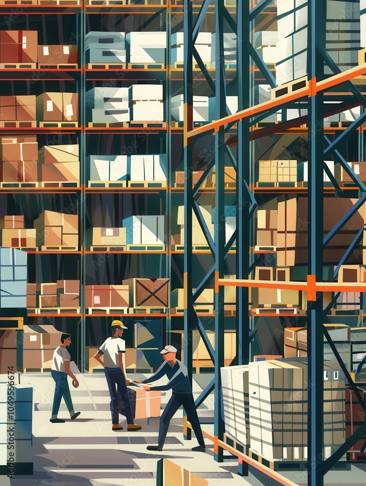 Poster employees are actively transporting boxes and pallets around a large warehouse, which is stocked wit