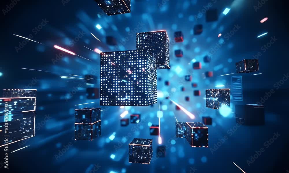 Poster abstract digital background with glowing data streams and floating cubes, representing the future of