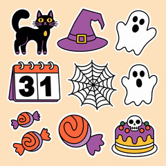 Halloween stickers: black cat, witch's hat, ghosts, spider web, candies and skull cake