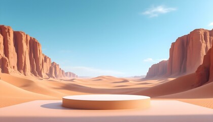 Naklejka premium 3d rendered wooden empty display podium minimal scene for product display presentation dessert concept. Mockup white podium for product presentation on desert dune with blue sky