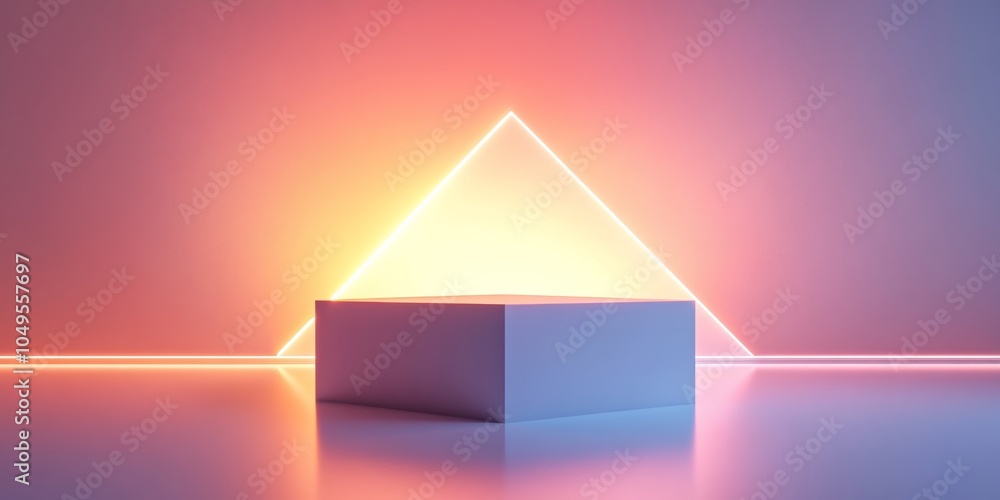 Poster a minimalistic display design featuring a geometric shape, surrounded by soft lighting, evoking a se
