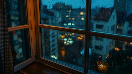 A window with raindrops, offering a view of a bustling cityscape in the background.