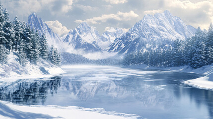 Scenic view of a frozen lake surrounded by snow-covered mountains and trees