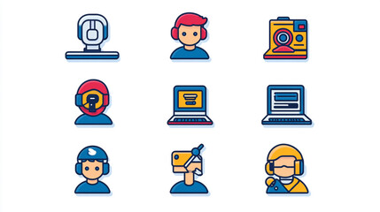 Fototapeta premium Illustration of various digital communication roles represented in vibrant icons