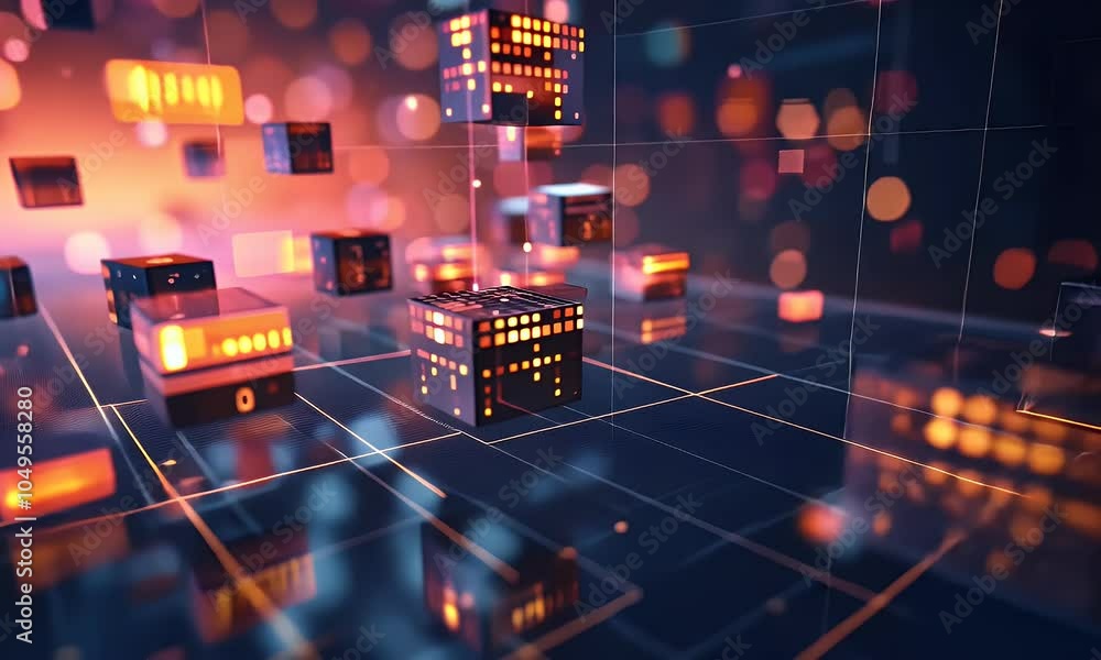 Poster abstract digital background with glowing data streams and floating cubes, representing the future of