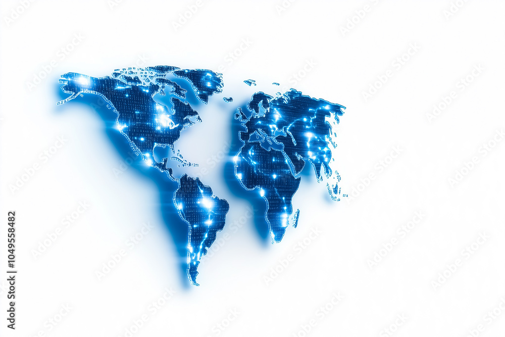 Poster an abstract world map formed by glowing binary code, symbolizing digital connections