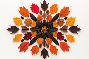 Autumn Mandala: Flat Lay of Fallen Leaves and Dry Flowers in Round Pattern on White Background