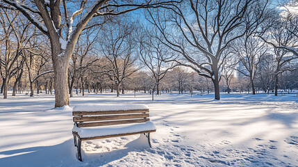 Snow-covered bench in a park with bare trees and a blanket of snow on the ground