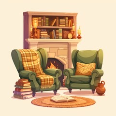 Cozy Living Room Illustration with Fireplace, Armchairs, Books, and Candles