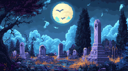 Obraz premium cemetery with pixelated ghosts and a full moon, retro halloween graveyard. Digital Pixel Art. Illustration