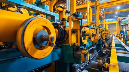 Fototapeta premium Automated industrial machinery cutting and sizing gypsum boards on a production line within a modern manufacturing facility