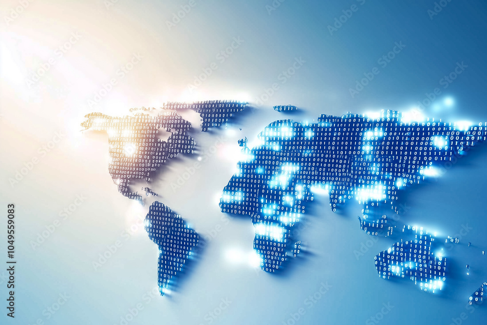 Poster This abstract shows a world map in binary, symbolizing digital tech and global networks