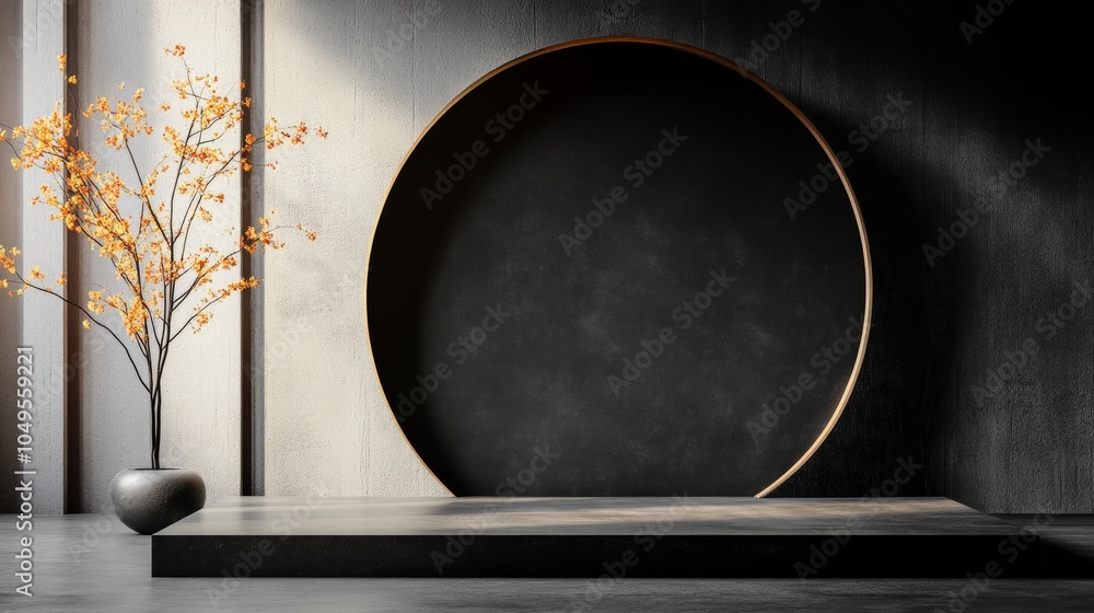 Poster a minimalistic podium design with a geometric structure, set against a clean backdrop, emphasizing m