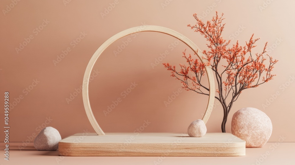 Poster a minimalistic podium design with a geometric structure, set against a clean backdrop, emphasizing m