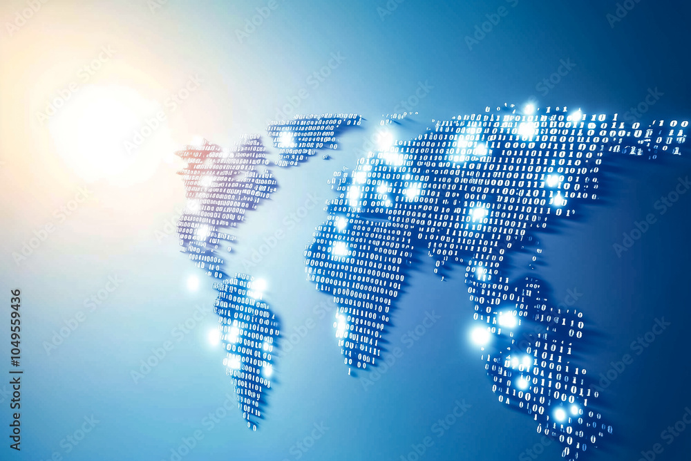 Poster a stylized world map formed from luminous binary code, representing the essence of digital transform