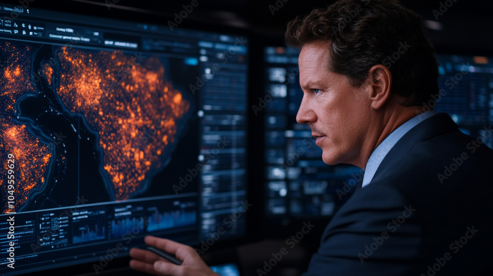 Poster cybersecurity specialist analyzing data: a focused and intense cybersecurity expert meticulously exa