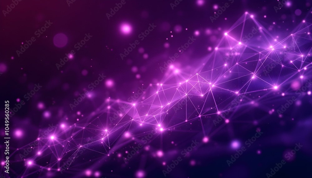 Poster Abstract purple background with connecting dots and lines. Structure and communication. Abstract science geometrical network background. Technological background.