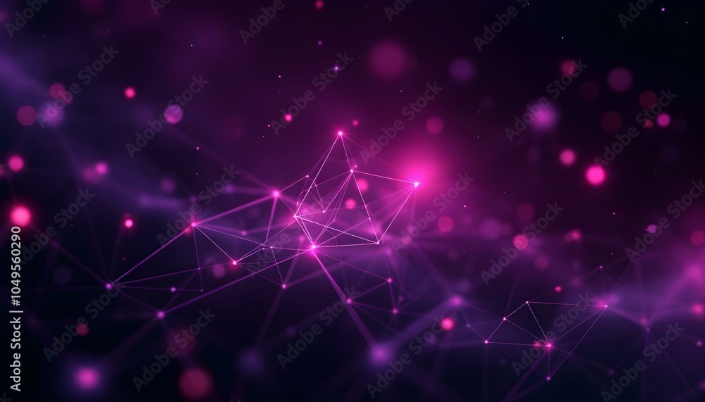 Poster Abstract purple background with connecting dots and lines. Structure and communication. Abstract science geometrical network background. Technological background.