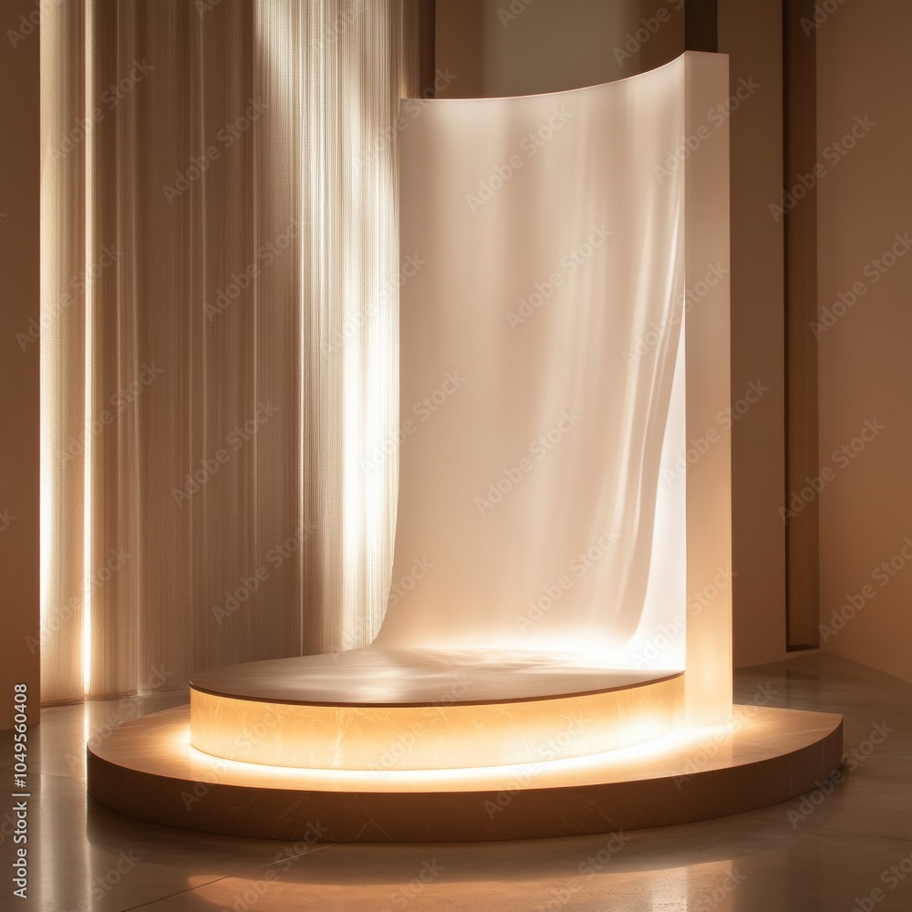 Poster a polished podium design with a curved structure, illuminated under soft lighting, creating an invit