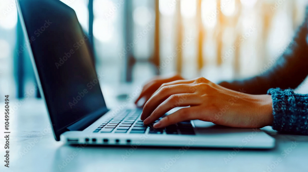 Poster focused on the task: close-up of hands diligently typing on a laptop keyboard, showcasing concentrat