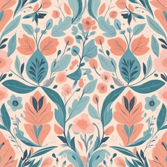 A detailed vector illustration of a floral pattern with abstract leaves and flowers in pastel colors, designed with symmetry and balance 